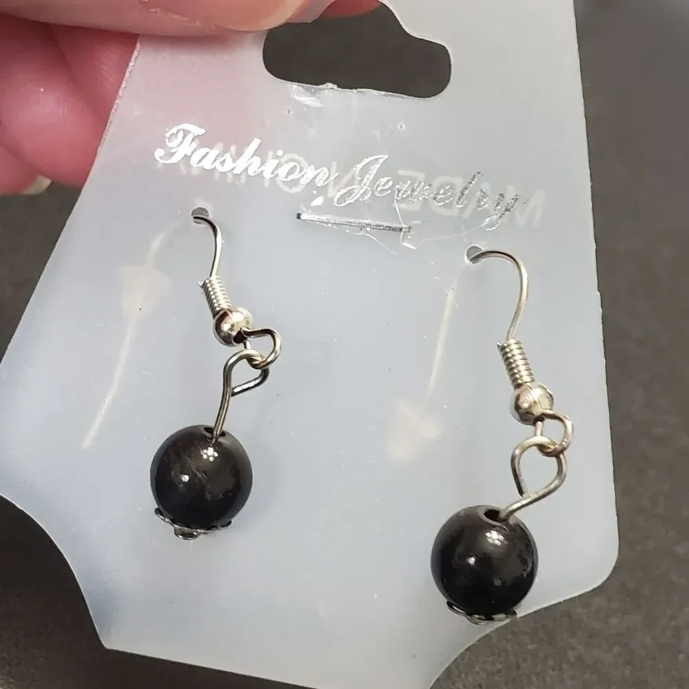 Silver tone black bead earrings